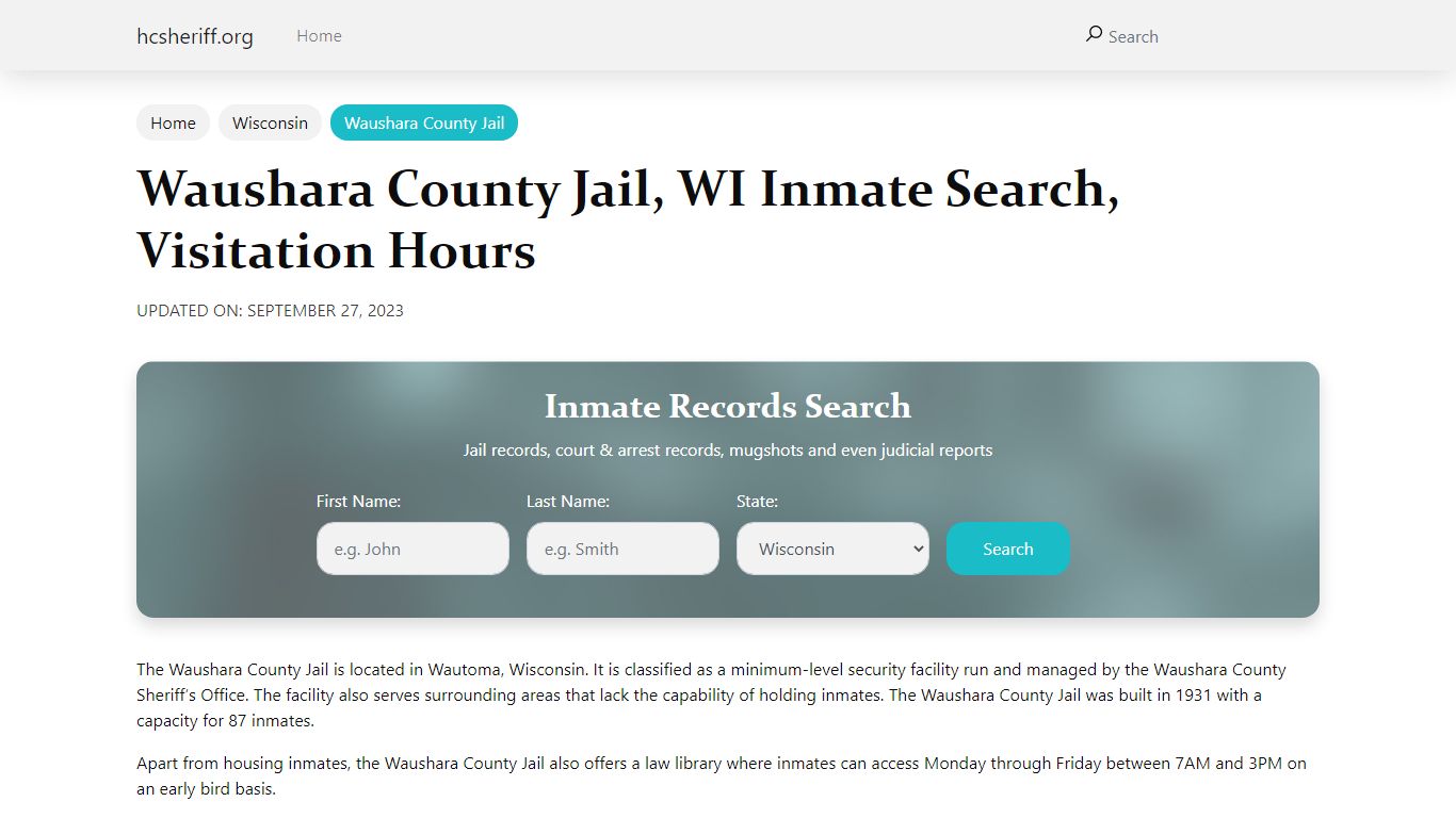 Waushara County Jail, WI Inmate Search, Visitation Hours